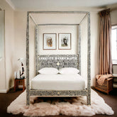 Bone Inlay Floral Design Four Poster Single Bed Black